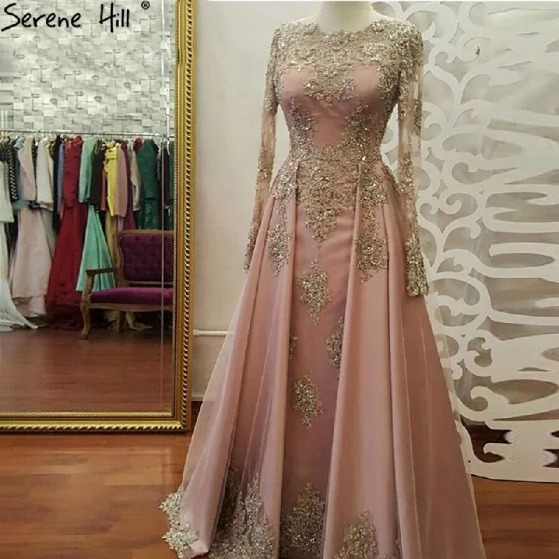 Burgundy evening dress-Serene Hill Muslim Pink Beaded Evening Dresses Gowns 2024 Elegant Luxury Overskirt For Women Party LA71276