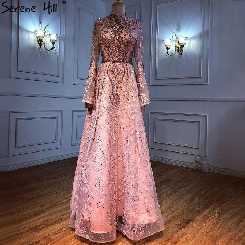 Evening dress for parties-Serene Hill Muslim Pink Lace Beaded Evening Dresses Gowns 2024 A-Line Luxury For Women Wedding Party LA71247