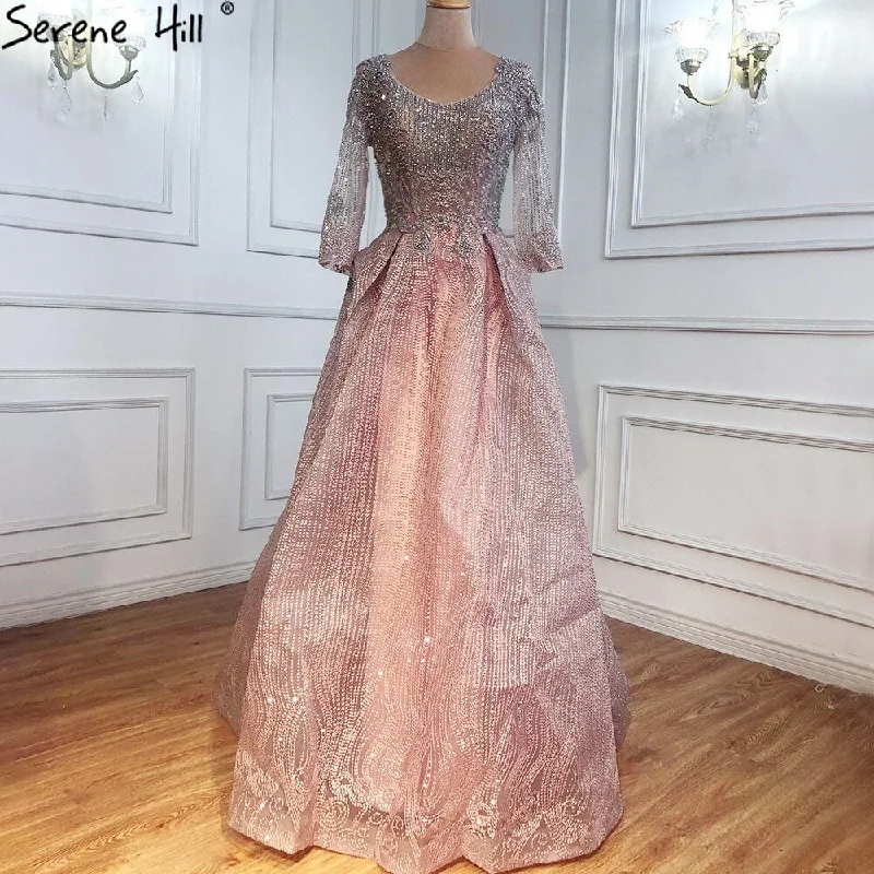 Evening dress with plunging neckline-Serene Hill Muslim Pink Lace Beaded  Plus Size Crystal Evening Dresses Gowns 2024 A-Line Luxury For Woman Party  LA70773A