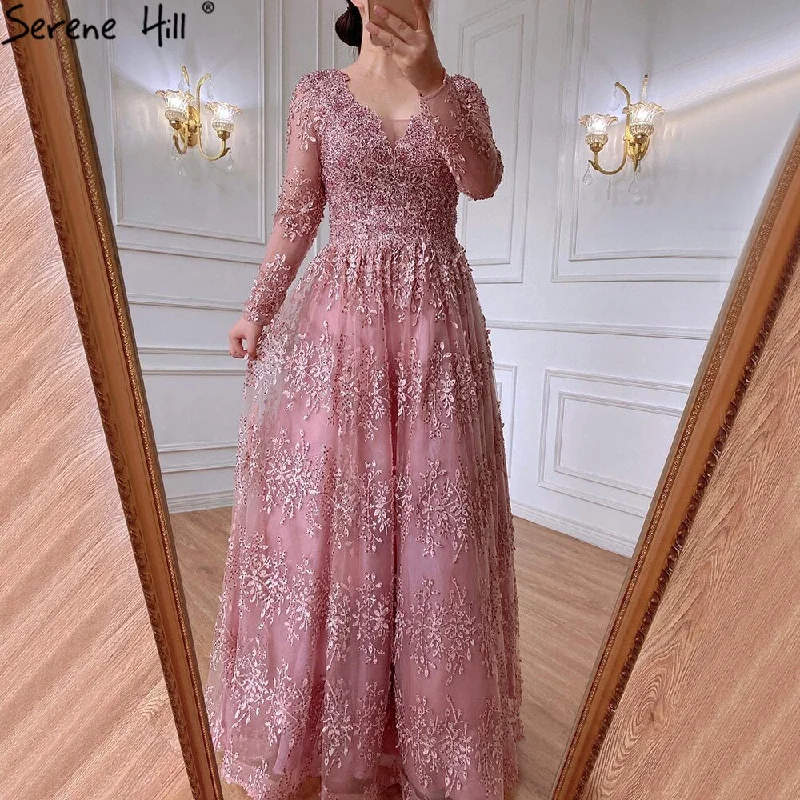 Evening dress with beaded details-Serene Hill Muslim Pink Luxury Evening Dresses Gowns 2024 Long Sleeves Crystal A-Line For Women Party LA70729