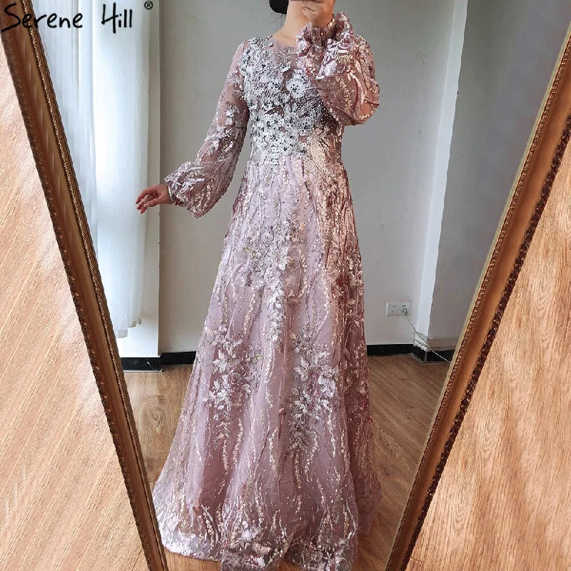 Metallic evening dress-Serene Hill Muslim Pink Luxury Evening Gowns 2024 Flowers Crytsal Long Lantern Sleeves Formal Dress Design LA70779