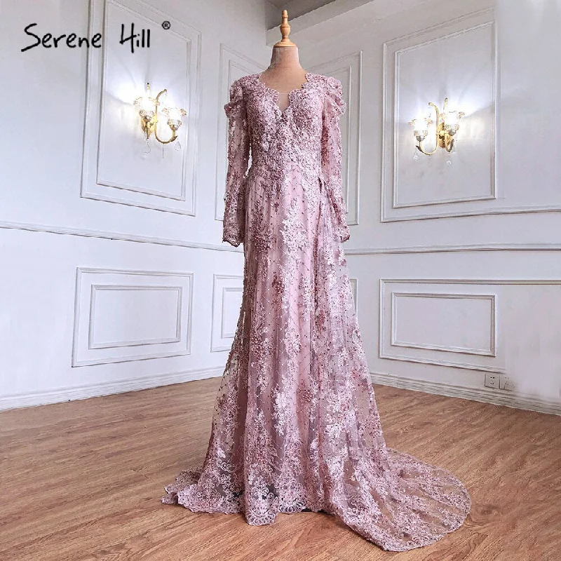 Evening dress with bow belt-Serene Hill Muslim Pink Mermaid Lace Beaded  Luxury Evening Dresses  With Overskirt Gowns 2024  Crystal For Women Party LA71164