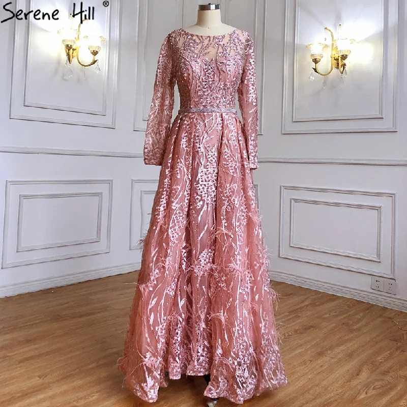 Evening dress with V-neck-Serene Hill Muslim Pink Overskirt Mermaid Evening Dresses Gowns 2024 Beaded Feather Luxury For Woman Party LA71434