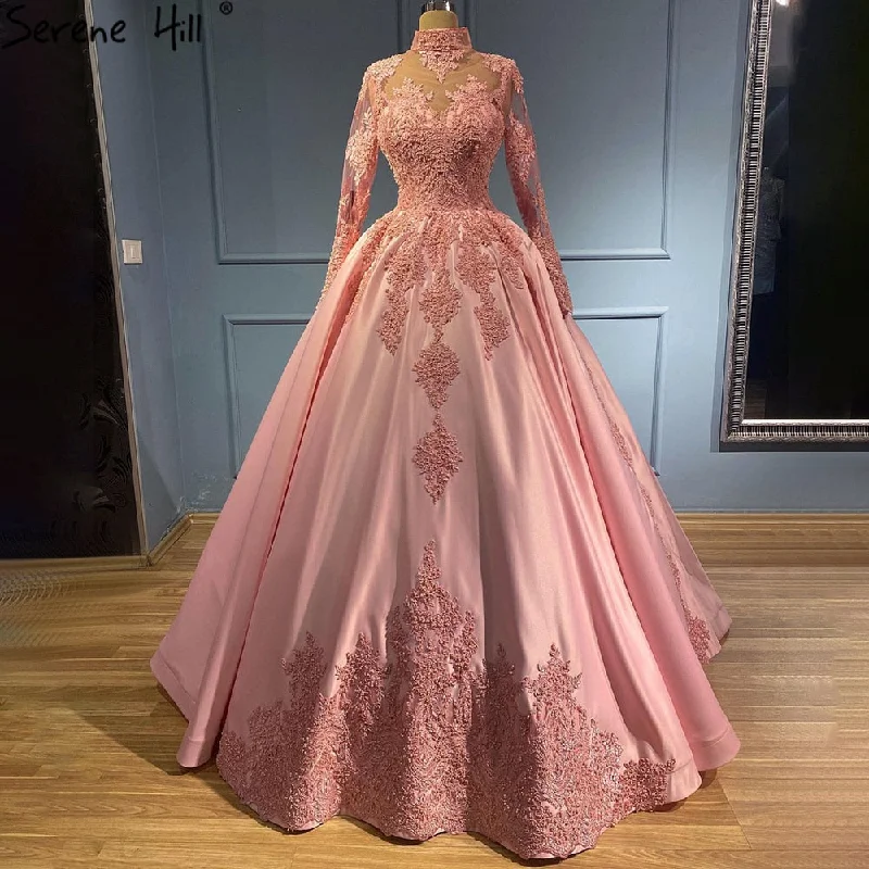 Evening dress with cape-Serene Hill Muslim Pink Satin Evening Dresses Gowns 2024 Beaed Luxury Ball Gown For Women Party LA71224