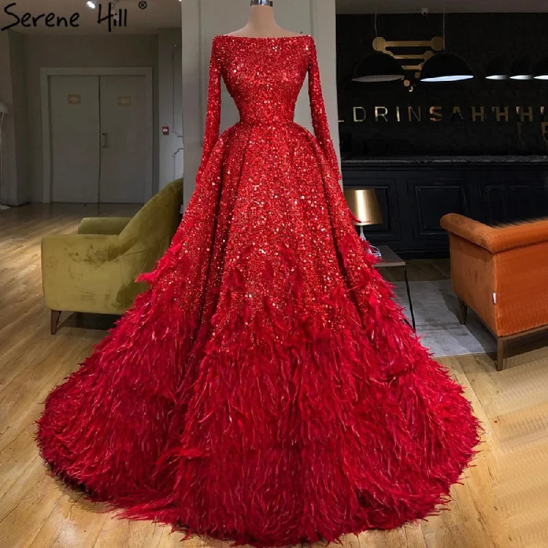 Evening dress with crochet details-Serene Hill Muslim Red A-Line Luxury Evening Dresses Gowns 2024 Sparkle Feather For Women Party HM67124