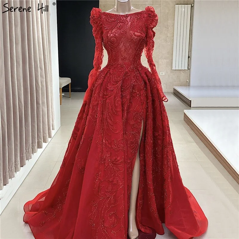 Evening dress with double straps-Serene Hill Muslim Red Luxury Evening Dresses Gowns 2024 Lace Beaded A-Line High Split For Women Party LA70445