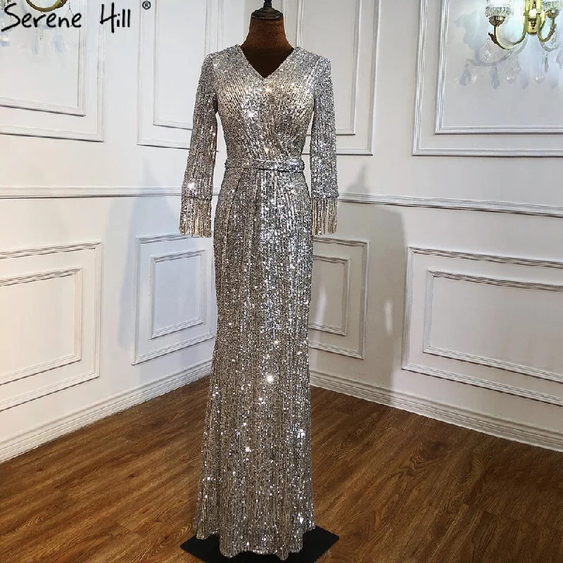 Evening dress with appliqu茅-Serene Hill Muslim Silver Long Sleeves Evening Dresses Gowns 2024 Elegant Mermaid Sparkle Luxury For Women Party LA70784