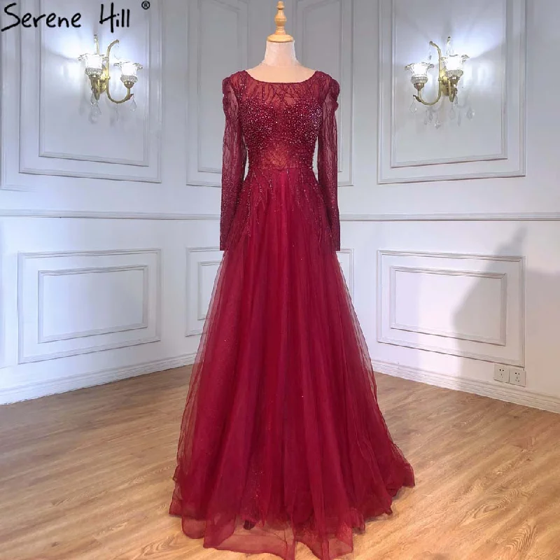 Silver evening dress-Serene Hill Muslim Wine Red A-Line Evening Dresses Gowns 2024 Luxury Beaded For Women Wedding Party LA71375