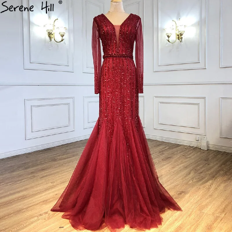 Evening dress with full skirt-Serene Hill Muslim Wine Red Beaded Evening Dresses Gowns 2024 Mermaid Elegant Luxury For Women Party LA71134