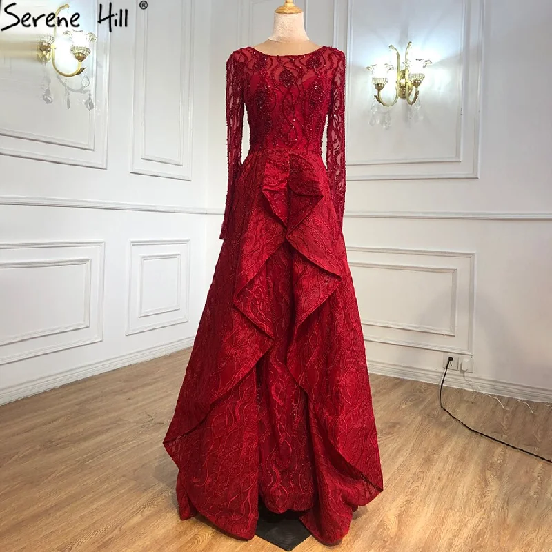 Vintage evening dress-Serene Hill Muslim Wine Red Luxury Evening Dresses Gowns 2024 A-Line Beading Crystal For Women Party LA70967