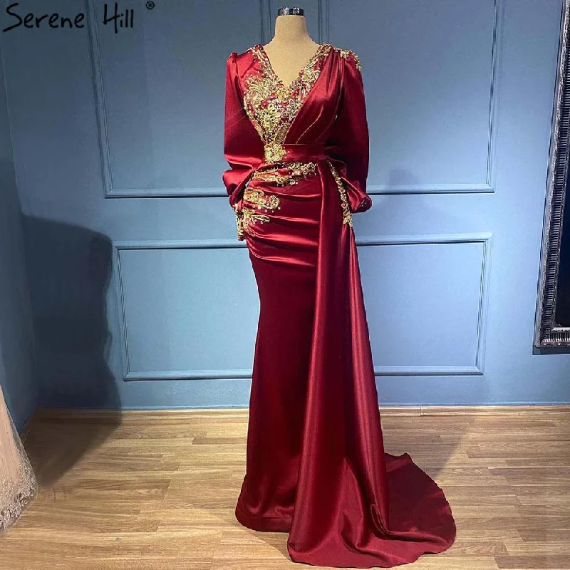 Blue evening dress-Serene Hill Muslim Wine Red Mermaid Elegant Evening Dresses Gowns 2024 Satin Beaded Luxury For Women Party LA71366