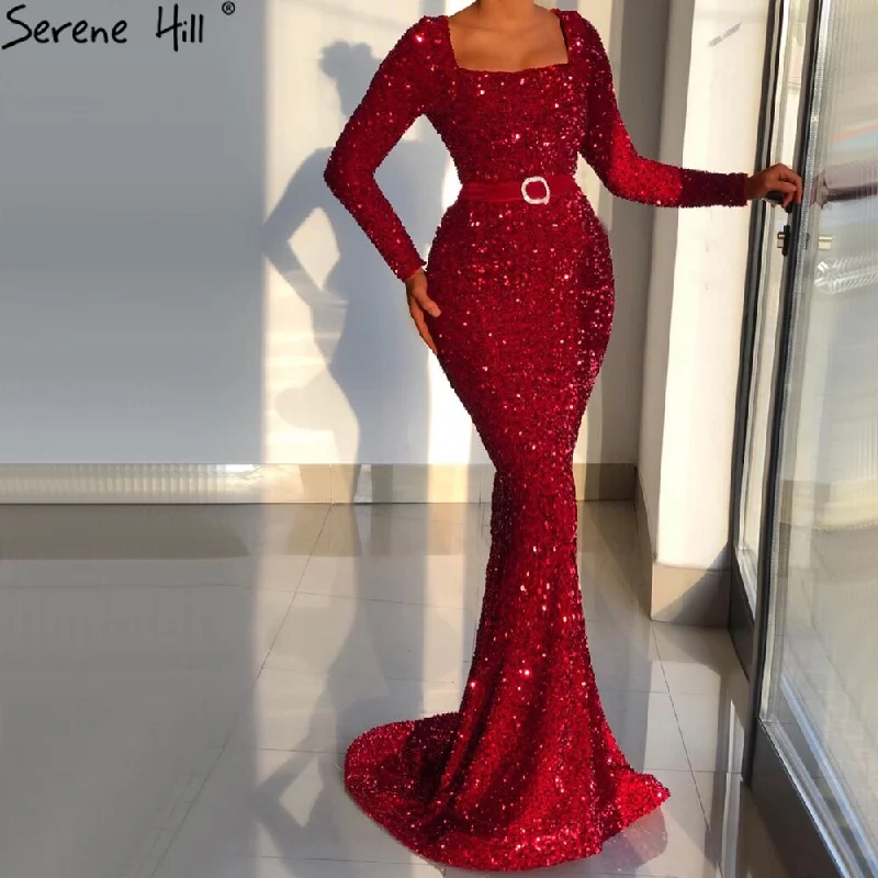 Evening dress with high neckline-Serene Hill Muslim Wine Red Mermaid Evening Dresses Gowns 2024 Luxury Long Sleeves Elegant For Women Party LA70797