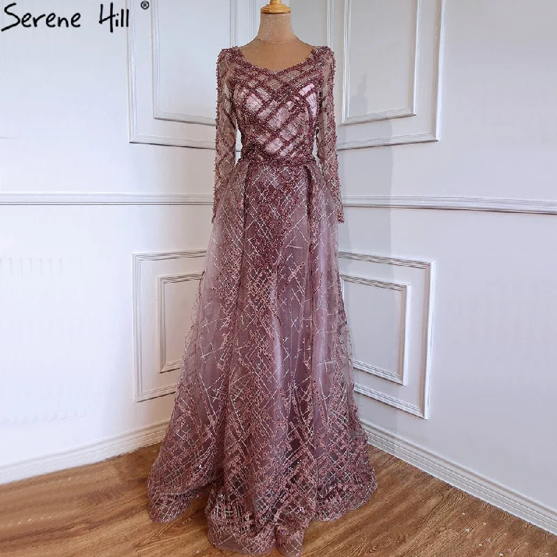 Evening dress for prom-Serene Hill Muslim Pink Luxury Evening Dresses 2024 With Train Mermaid Crystal For Women Party LA70777