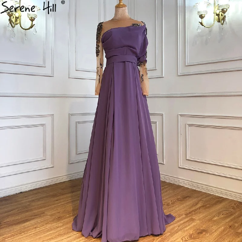 Evening dress with fishtail-Serene Hill Musllim Purple A-Line Evening Dresses Gowns 2024 Beading Diamond Satin Sexy For Woman Party LA71053