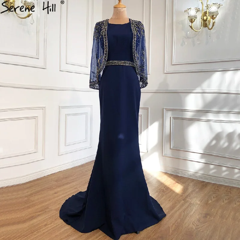 Evening dress with chiffon-Serene Hill Navy Blue Mermaid Elegant Evening Dresses Gowns 2024 Satin Beading Shawl Yarn Sexy For Women Party LA70884