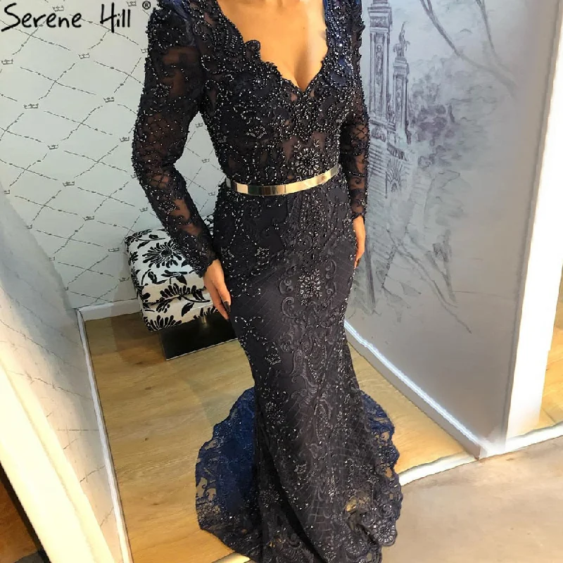 Evening dress with illusion sleeves-Serene Hill Navy Blue Mermaid Lace Beaded  Muslim Luxury Evening Dresses Gowns 2024 Party  For Woman LA71075