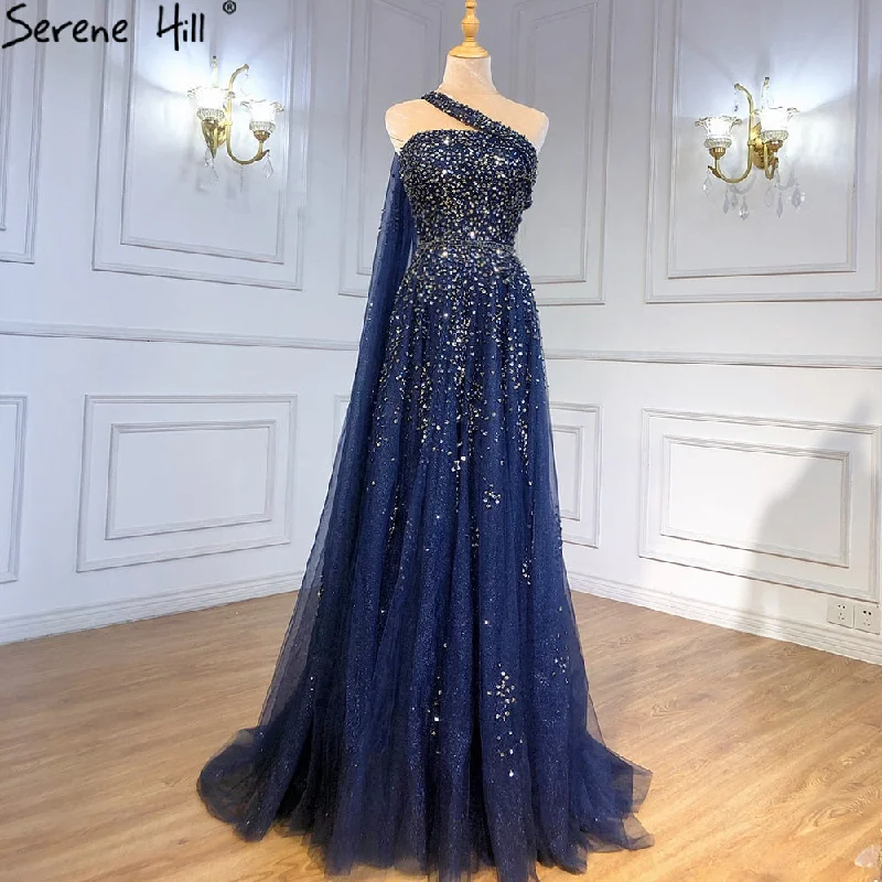 Evening dress with taffeta-Serene Hill Navy Blue One Shouler Cape Sleeve Evening Dresses Gowns 2024 A-Line Beaded Luxury For Woman Party LA71432