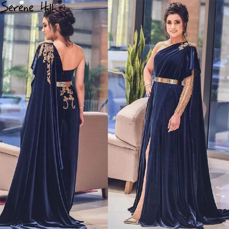 Evening dress with keyhole back-Serene Hill Navy Blue Velvet Split Sexy Evening Dresses Gowns 2024 Beaded One Shoulder For Woman Party LA71184