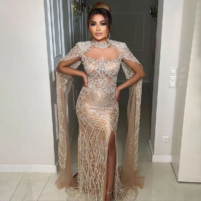 Evening dress with off-shoulder-Serene Hill Nude Mermaid Elegant Sexy High Collar Cape Sleeves Luxury Beaded Evening Dresses Gowns 2023 For Women Party LA71747