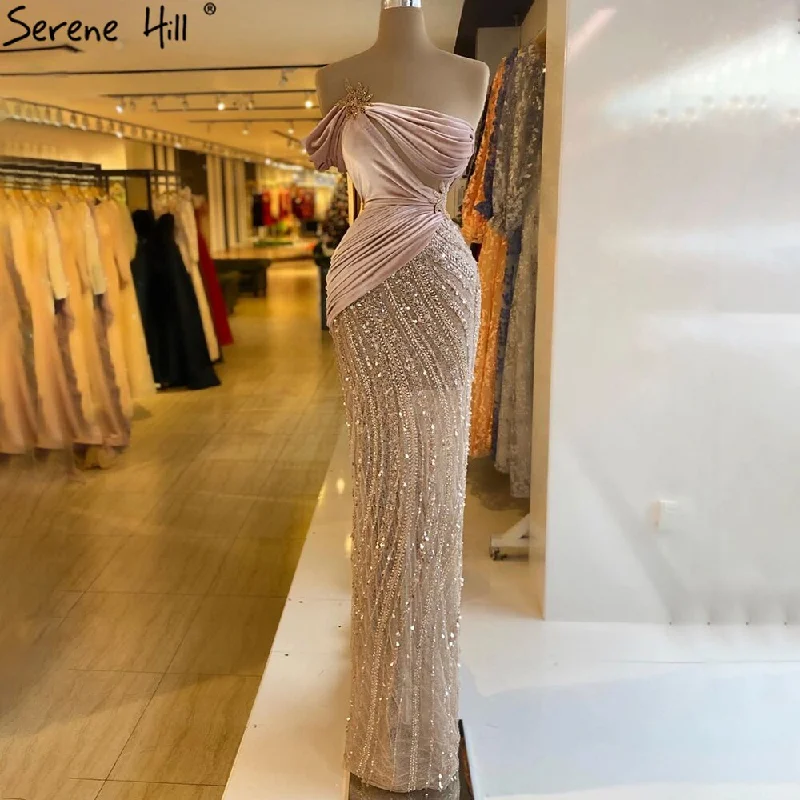 Evening dress with modern design-Serene Hill Nude Pink Meramid Evening Dresses Gowns 2024 Luxury Beading Elegant For Women Party LA71095