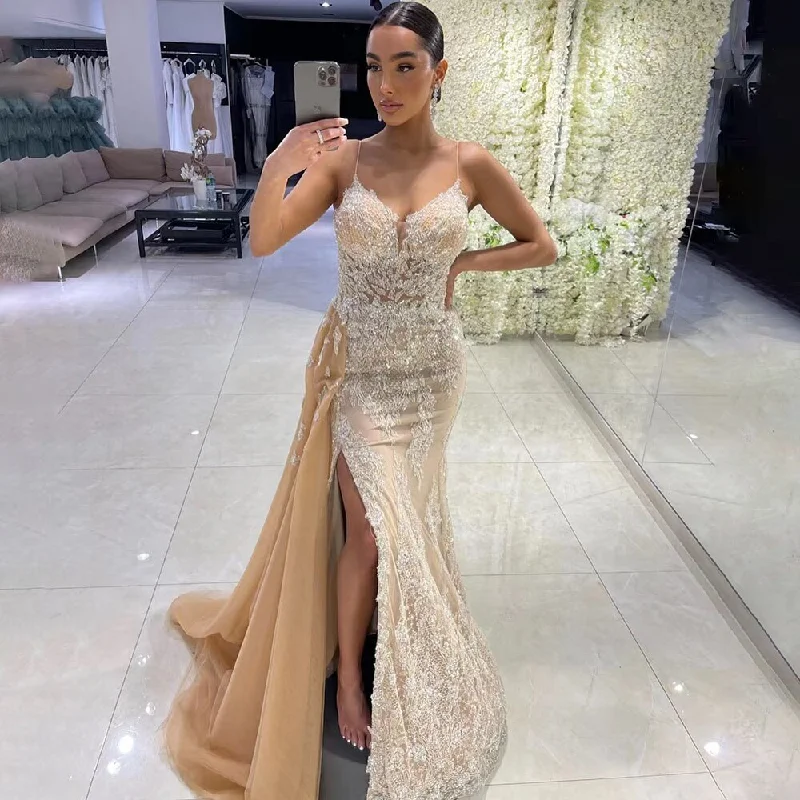 Evening dress with pleated skirt-Serene Hill Nude Spaghetti Strap Luxury Evening Dresses Gowns 2024 Mermaid Beaded Elegant Overskirt For Women Party LA71599