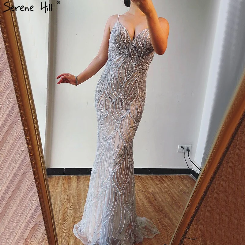 Evening dress with draped bodice-Serene Hill Nude White Mermaid Evening Dresses Gowns 2023 Spaghetti Strap Luxury Elegant For Women Party  LA70214