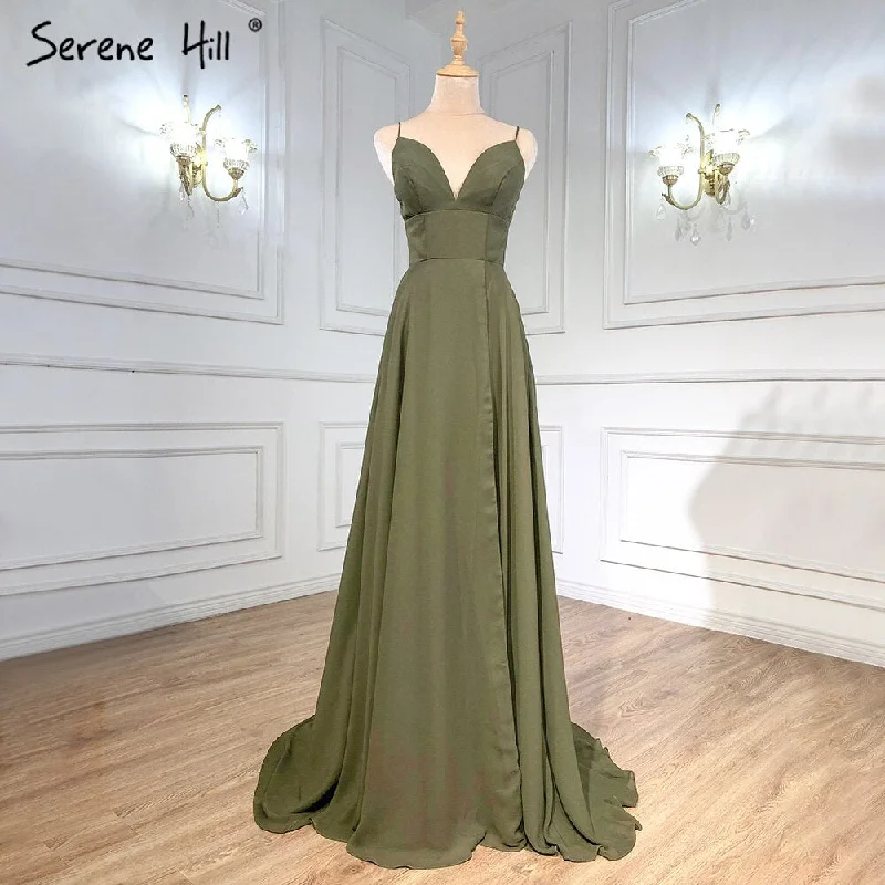 Evening dress with open back-Serene Hill Olive Green Satin Evening Dresses Gowns 2024 Spaghetti Strap Simple For Women Party LA71298