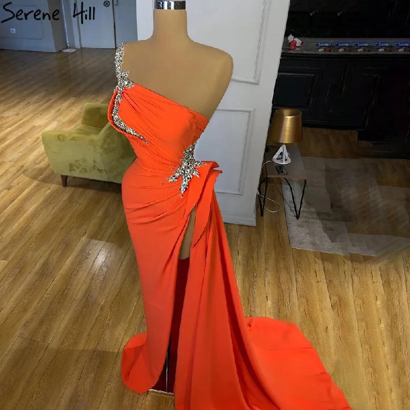 Evening dress with glitter-Serene Hill Orange High Split Mermaid Evening Dresses Gowns 2024 One Shoulder Elegant Sexy For Women Party LA70896