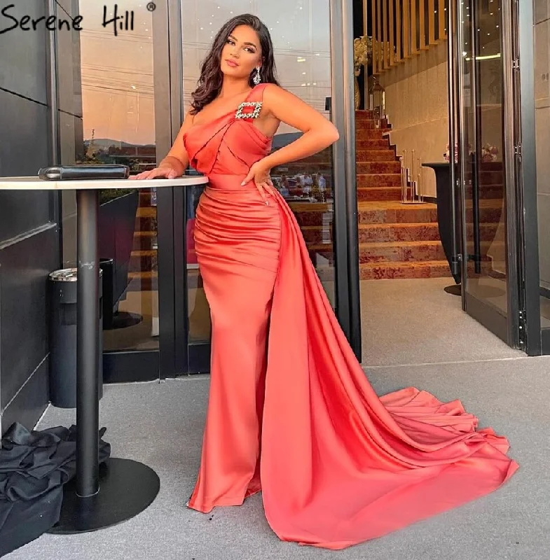 Evening dress with bow belt-Serene Hill Orange Mermaid With Overskirt Evening Dresses Gowns 2024 Mermaid Elegant Satin For Women Party LA71403