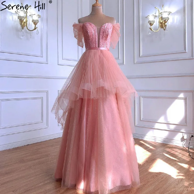 Evening dress with tulle-Serene Hill Peach Luxury A-Line Evening Dresses Gowns 2024 Beading Sexy For Women Wedding Party LA71041