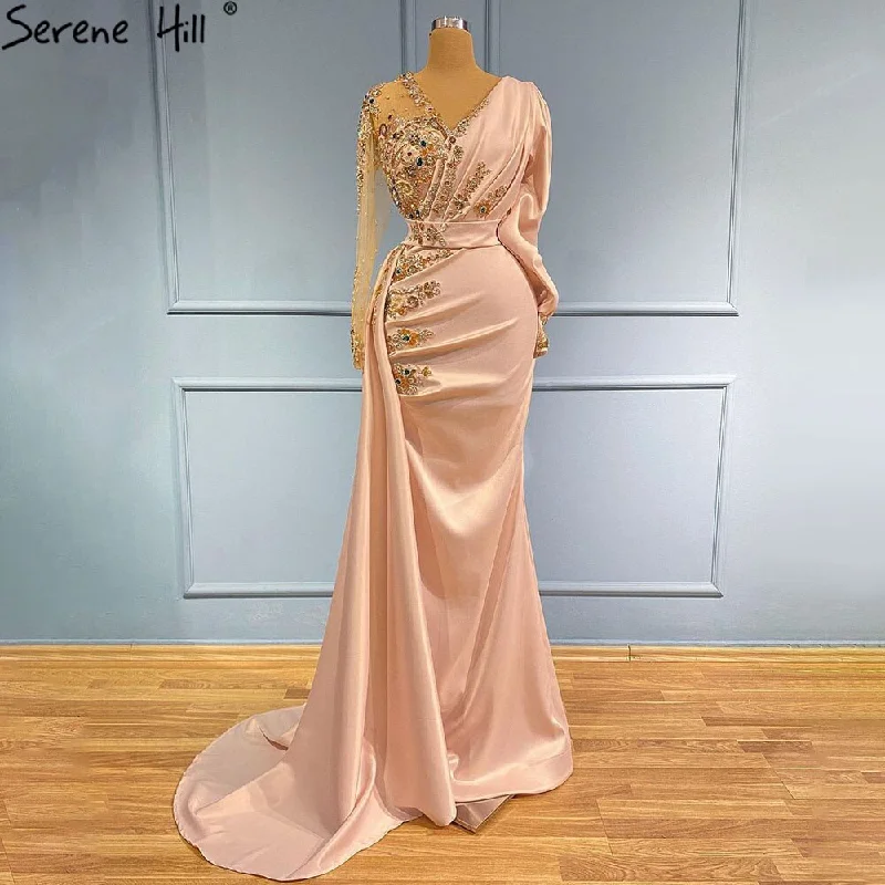 Evening dress with bow-Serene Hill Peach Mermaid Satin Evening Dresses Gowns 2024 Elegant Beaded Overskirt For Women Party LA71344