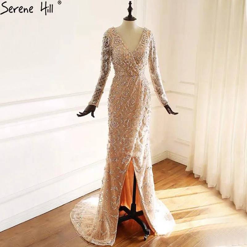 Evening dress with lace-up back-Serene Hill Peach Mermaid V-Neck Evening Dresses  2024 Dubai Long Sleeves Beading Formal Dress Design LA70499