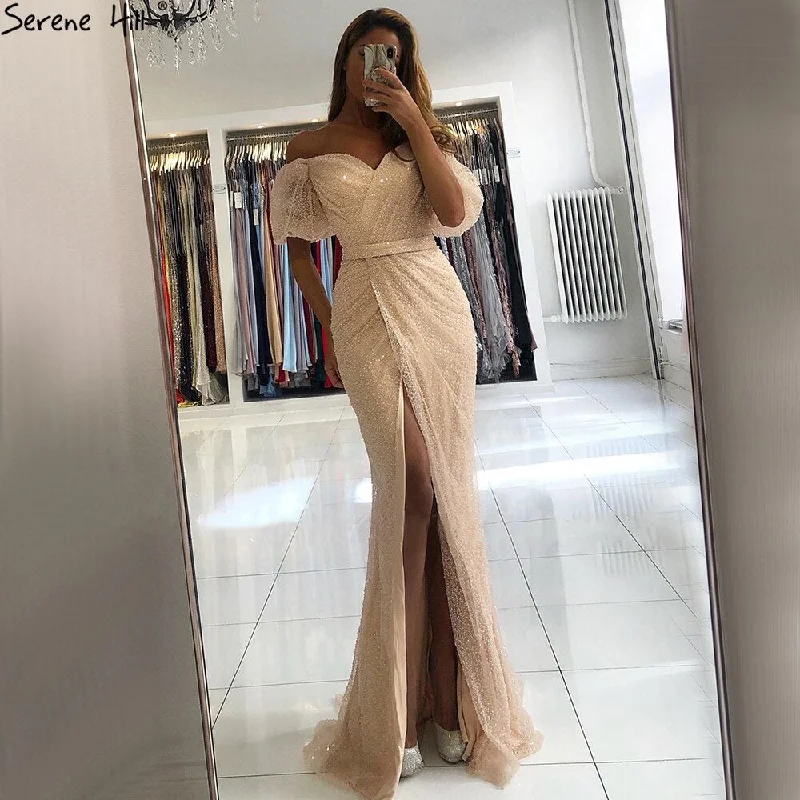 Evening dress with off-shoulder neckline-Serene Hill Peach Puff Sleeves Luxury Evening Dresses Gowns  Split Mermaid Elagant For Women Party LA70736