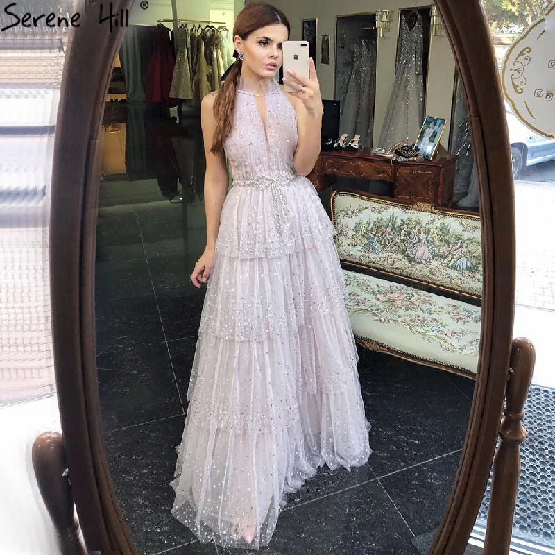 Evening dress with puff sleeves-Serene Hill Pink A-Line Luxury Evening Dresses 2024 Halter Beaded Tiered Tulle For Women Party LA70806