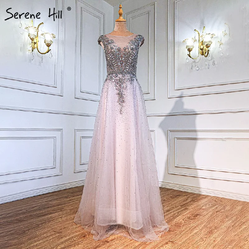 Evening dress with ruching-Serene Hill Pink A-Line Luxury Evening Dresses Gowns 2024 Beaded Cap Sleeves For Woman Wedding Party LA71294