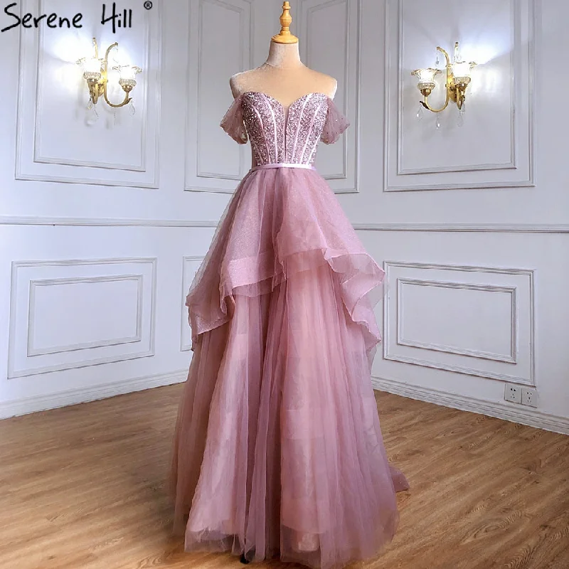 Evening dress with tiered layers-Serene Hill Pink A-Line Luxury Evening Dresses Gowns 2024 Beaded Tiered For Women Wedding Party LA71041