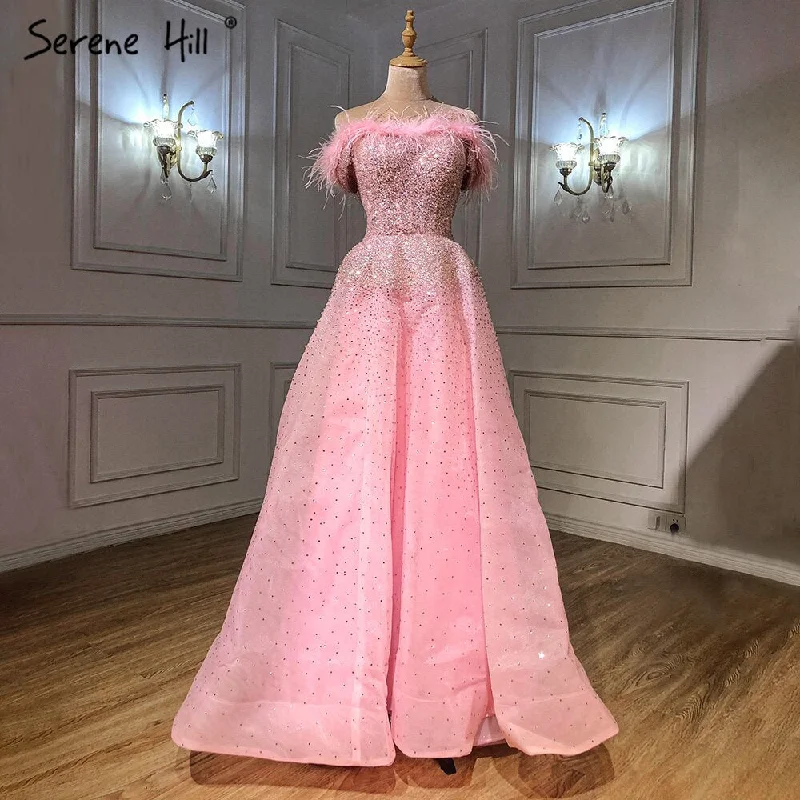 Evening dress with satin-Serene Hill Pink A-Line Luxury Evening Dresses Gowns 2024 Feather Beaded For Women Wedding Party LA70901