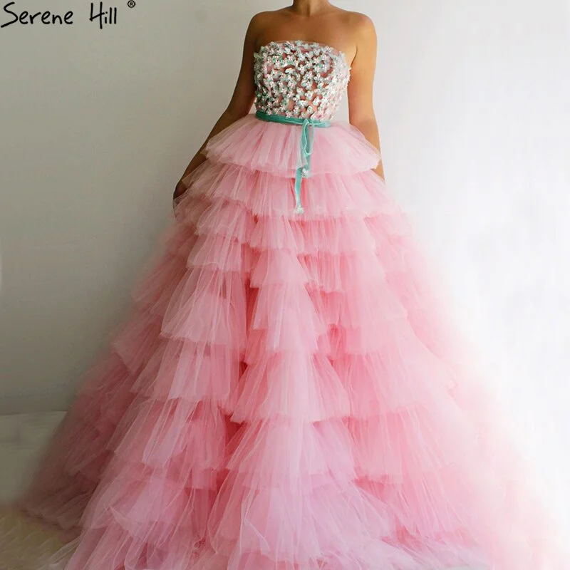 Navy evening dress-Serene Hill Pink A-Line Sexy Evening Dresses 2024 Sleeveless Beading Tiered Tulle Formal Dress Design LA70701