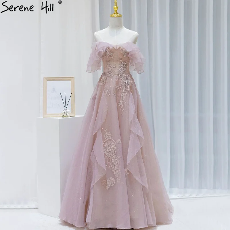 Evening dress with statement sleeves-Serene Hill Pink A-Line Sexy Evening Dresses Gowns 2024 Beaded Sweetheart For Women Wedding Party LA71405