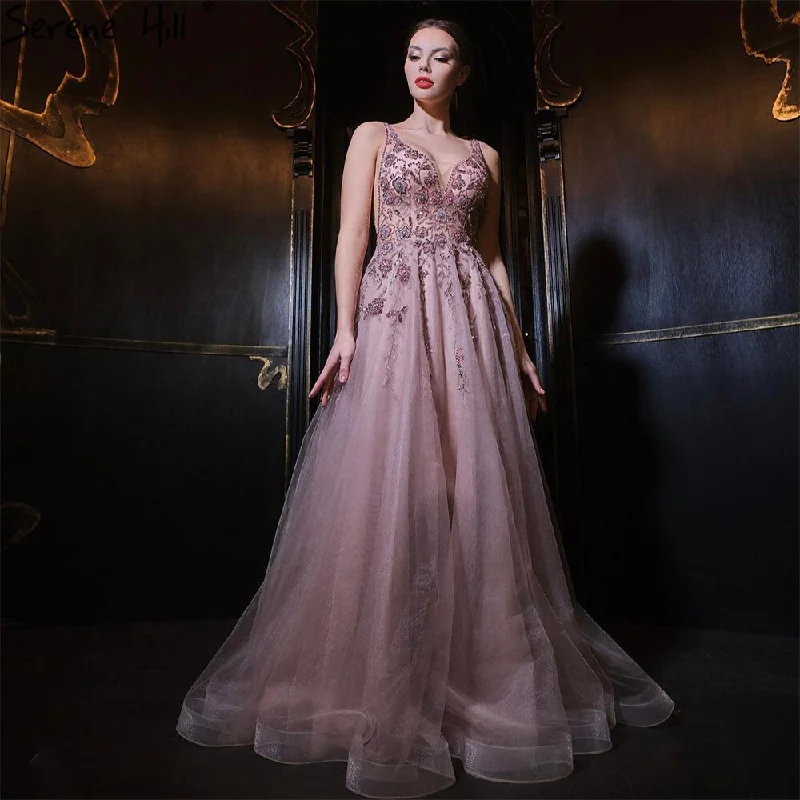 Evening dress with sequined bodice-Serene Hill Pink A-Line Sexy Evening Dresses Gowns 2024 Spaghetti Strap Beaded For Women Party LA71268