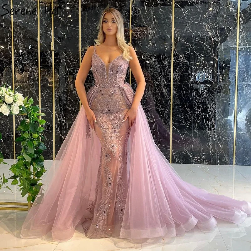 Evening dress with double straps-Serene Hill Pink Detachable Skirt Evening Dresses Gowns 2021 Mermaid Elegant Luxury For Woman Party LA71363