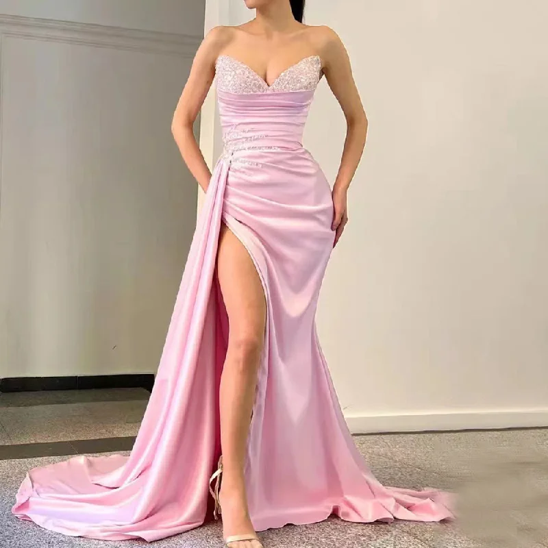 Evening dress with sleeves-Serene Hill Pink High Split Overskirt Evening Dresses Gowns 2024 Satin Beaded Elegant Mermaid For Women Party LA71615