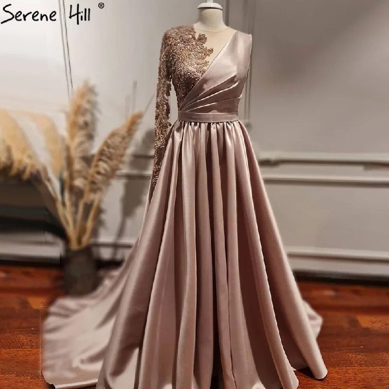 Evening dress with ruffles-Serene Hill Pink Luxury A-Line Evening Dresses Gowns 2024 One Shoulder Beading Sexy For Women Party LA71033