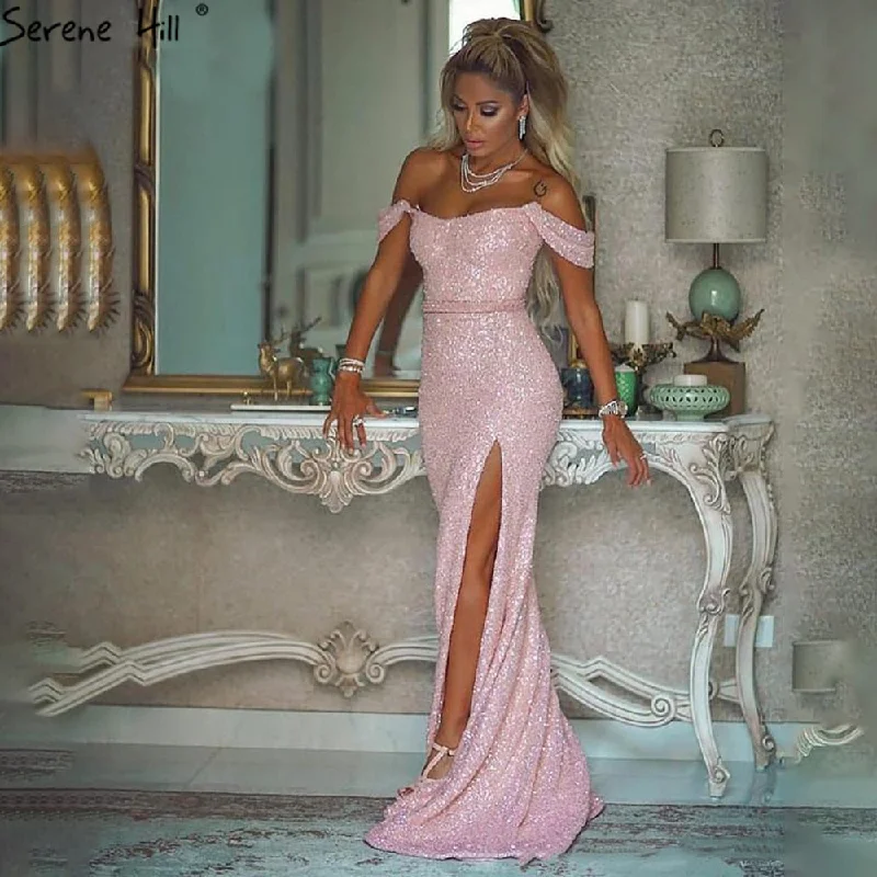 Evening dress with metallic finish-Serene Hill Pink Luxury Beaded Evening Dresses Gowns 2024 High Split Sexy Elegant For Women Party Dress LA71256