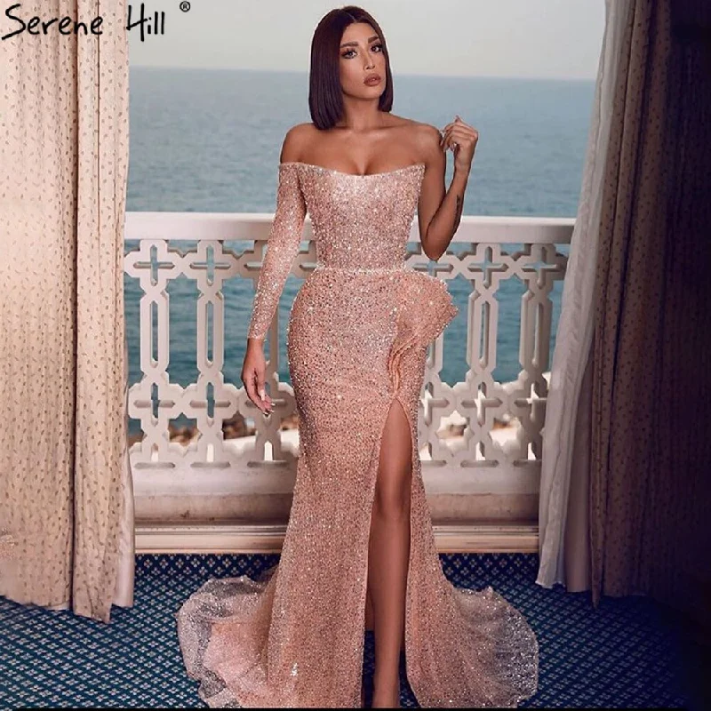 Evening dress with statement sleeves-Serene Hill Pink Luxury High Split Evening Dresses Gowns 2024 Mermaid Elegant Sexy For Women Party Dress LA71313