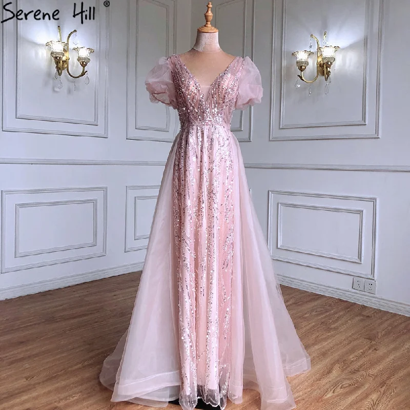 Classic evening dress-Serene Hill Pink Luxury Overskirt Evening Dresses Gowns 2021 Beaded Puffy Short Sleeves For Women Party LA71361