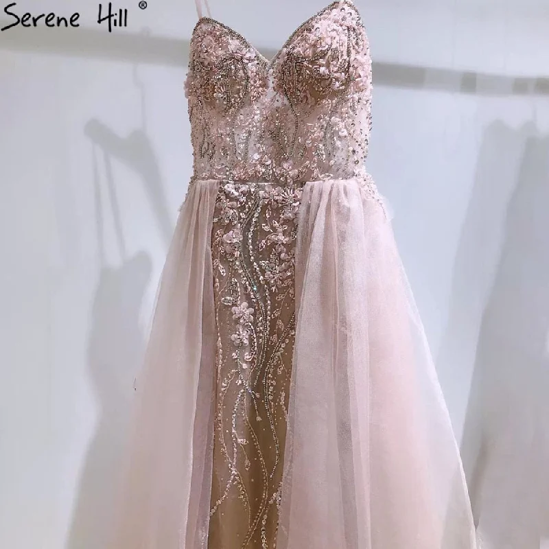 Evening dress with taffeta-Serene Hill Pink Luxury Overskirt Evening Dresses Gowns 2024 Spaghetti Strap Beaded Mermaid For Woman Party LA71216