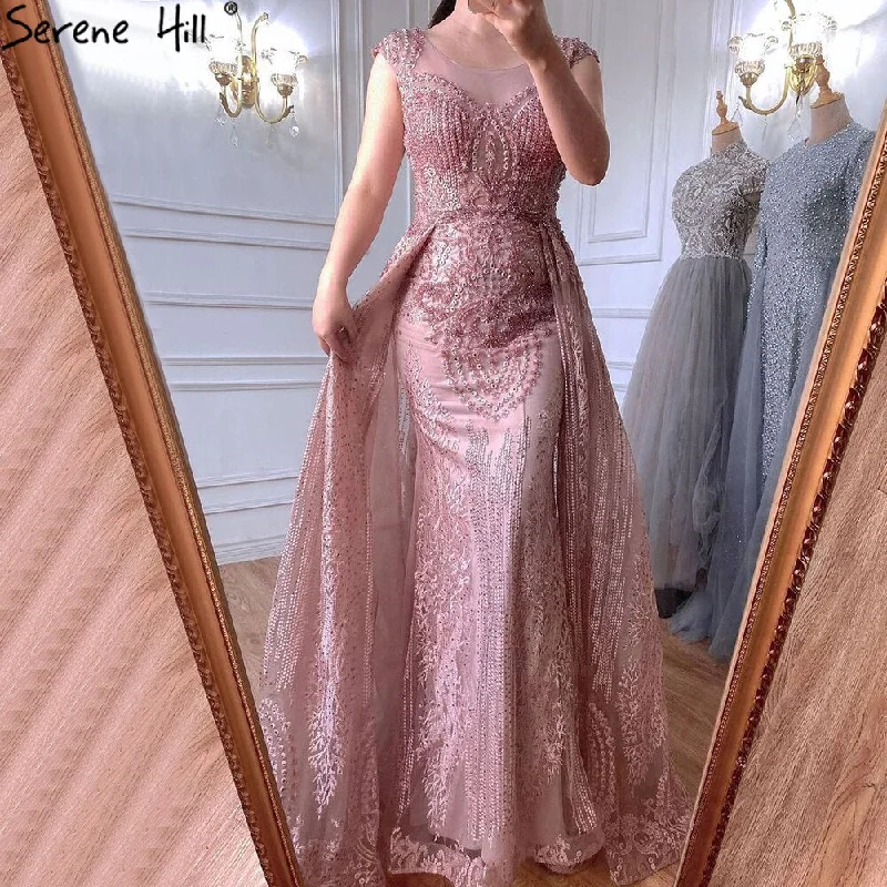 Evening dress with high-low hem-Serene Hill Pink Luxury With Overskirt Evening Dresses Gowns 2024 Lace Beaded Crystal Mermaid For Woman Party  LA71080