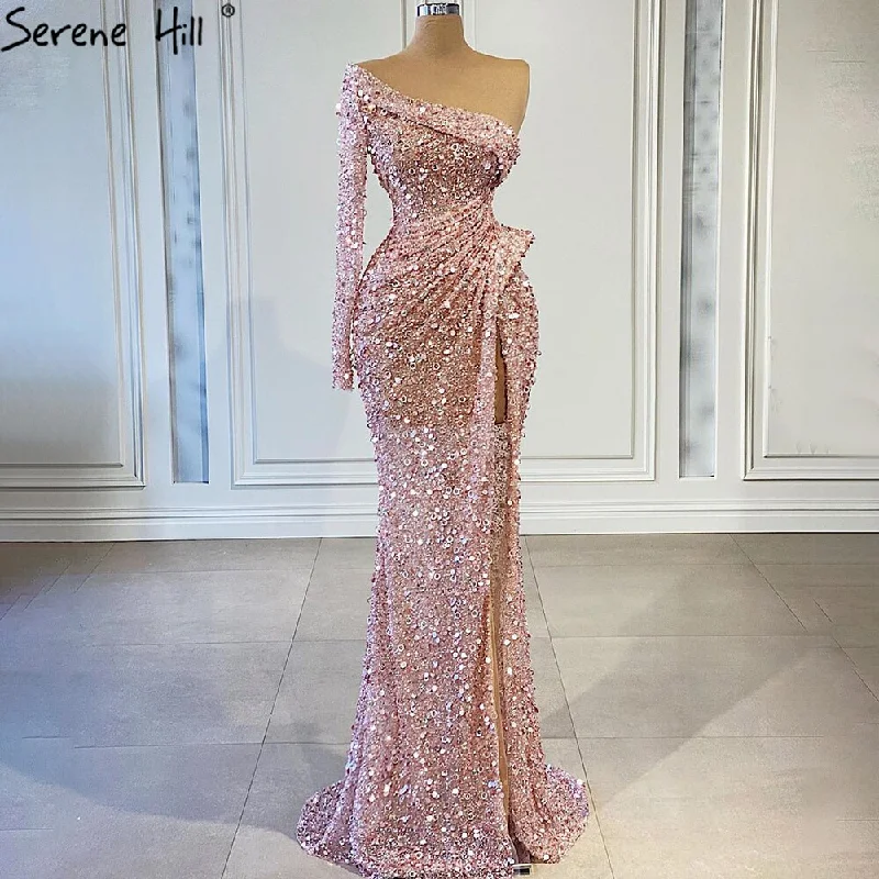 Evening dress with tulle-Serene Hill Pink Mermaid High Split Evening Dresses Gowns 2024 Luxury Beaded Elegant Beaded For Women Party LA71244