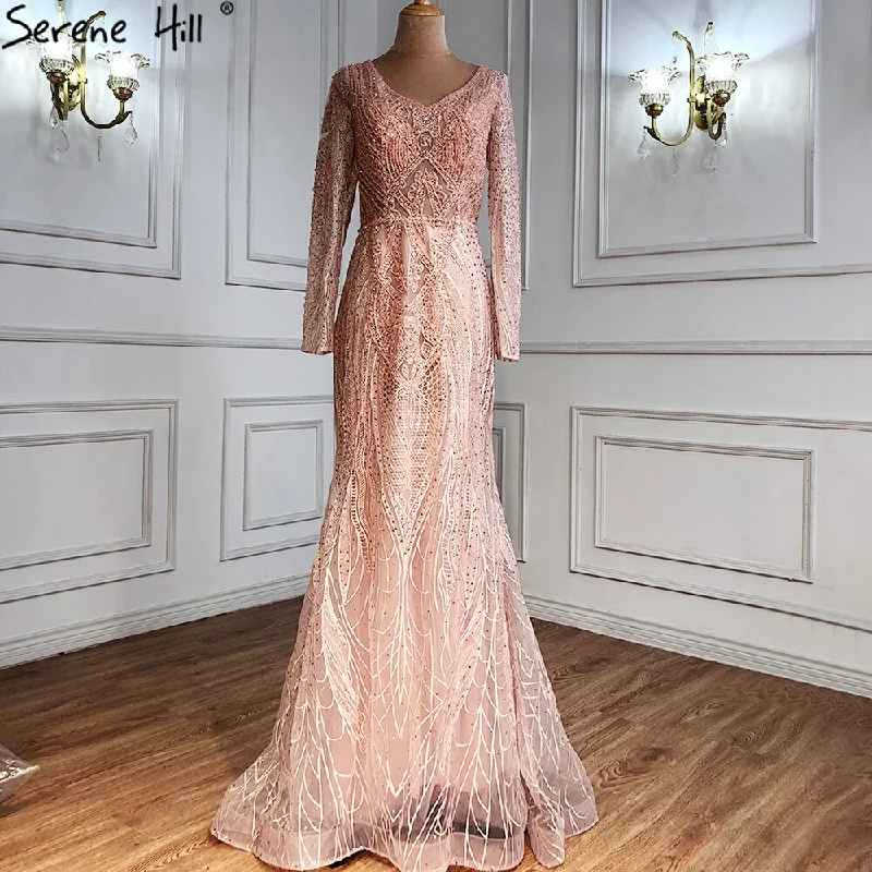 Gold evening dress-Serene Hill Pink Muslim Luxury Evening Dresses Gowns 2024 Mermaid  Beaded Elegant For Women Wedding Party LA71182